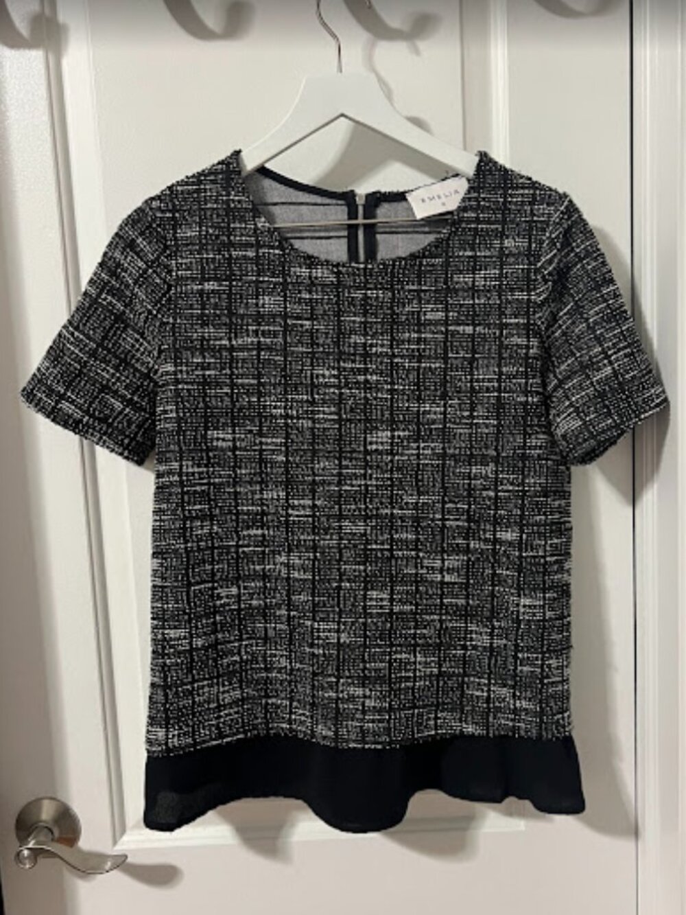 Emelia Chiffon Hem Tweed Checkered Top, Black/White - Size Medium